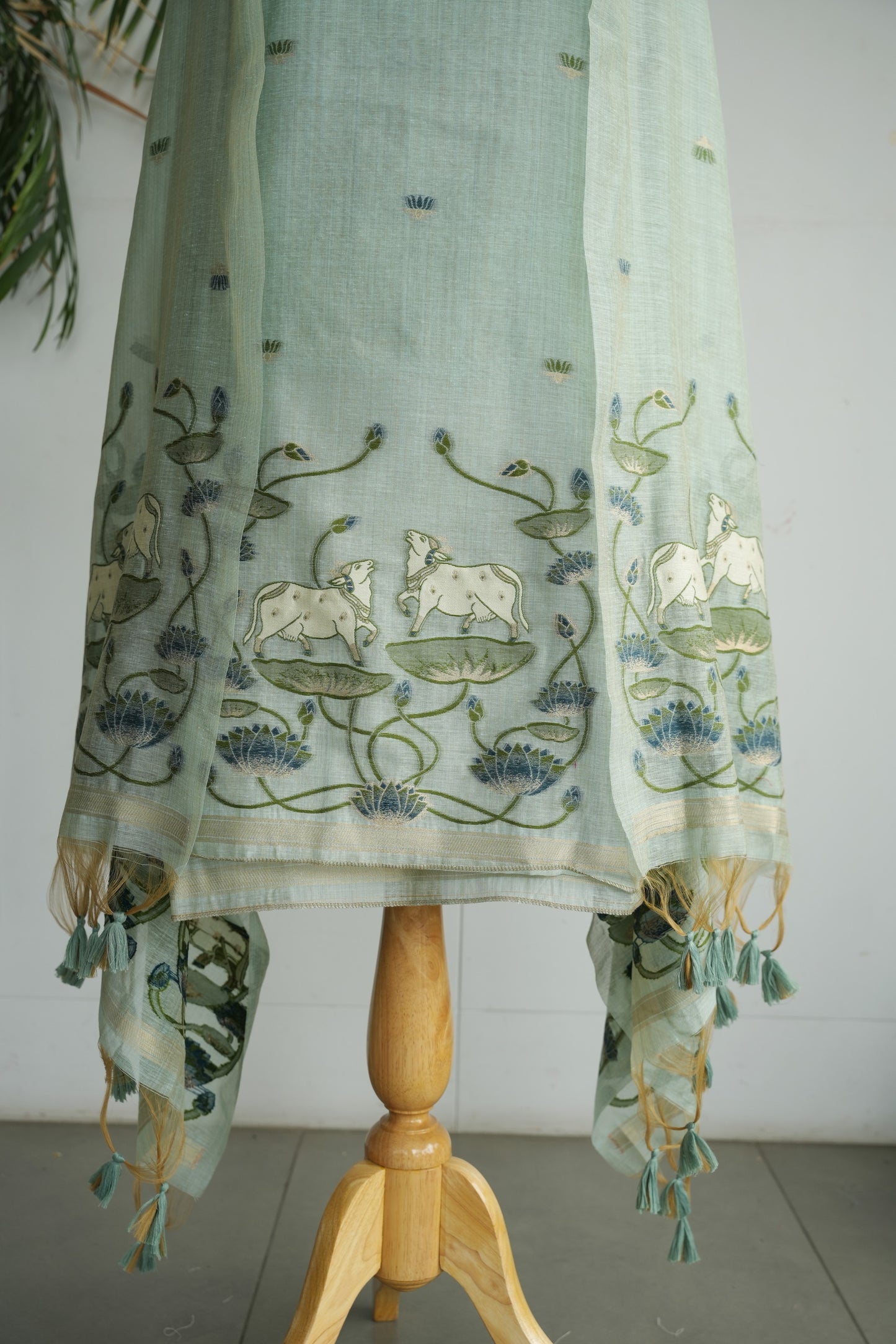 AQUA LEELA - Pure Chanderi Slub Pichwai Unstitched Suit Set