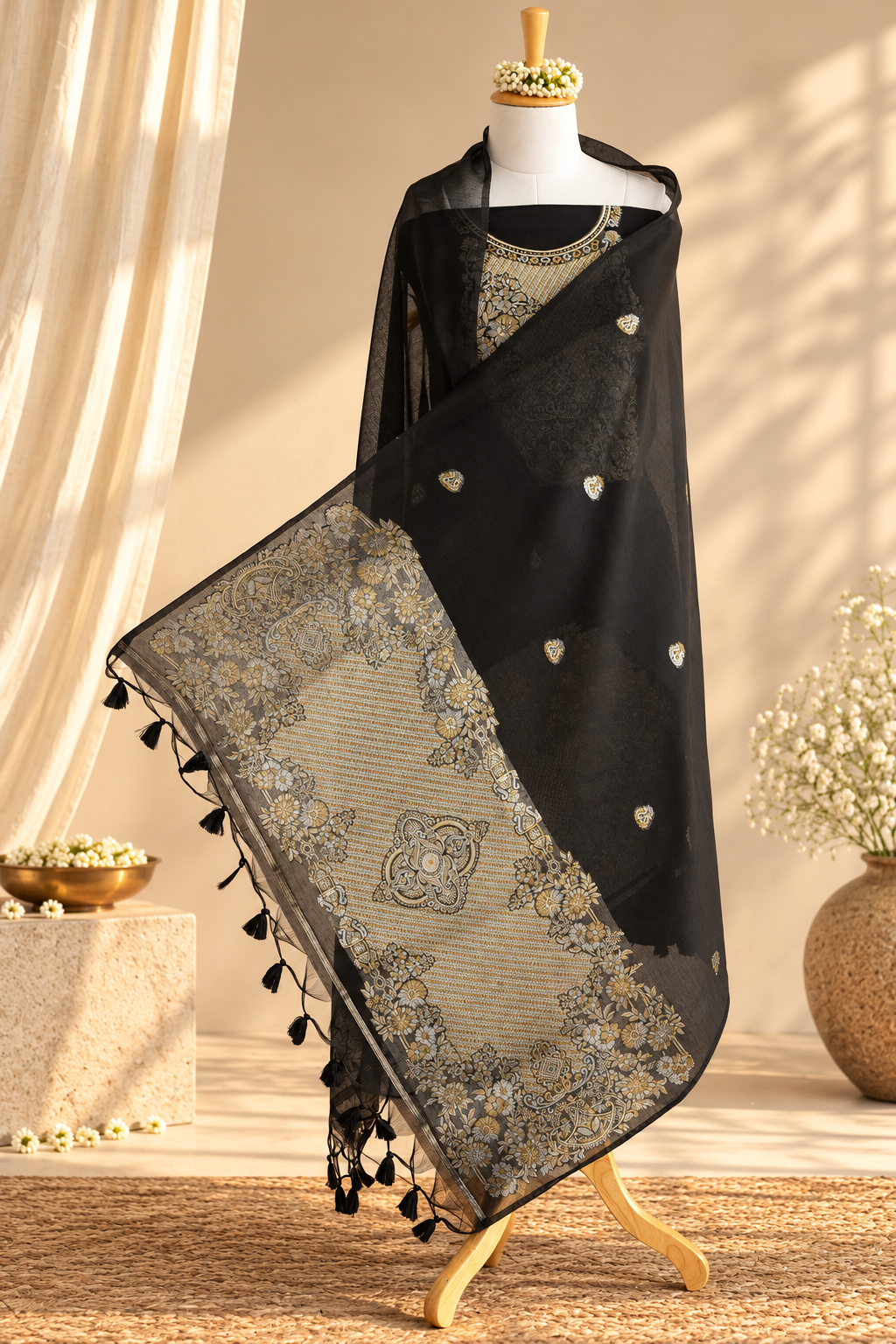JASHN – Black Banarasi Silk Unstitched Suit Set