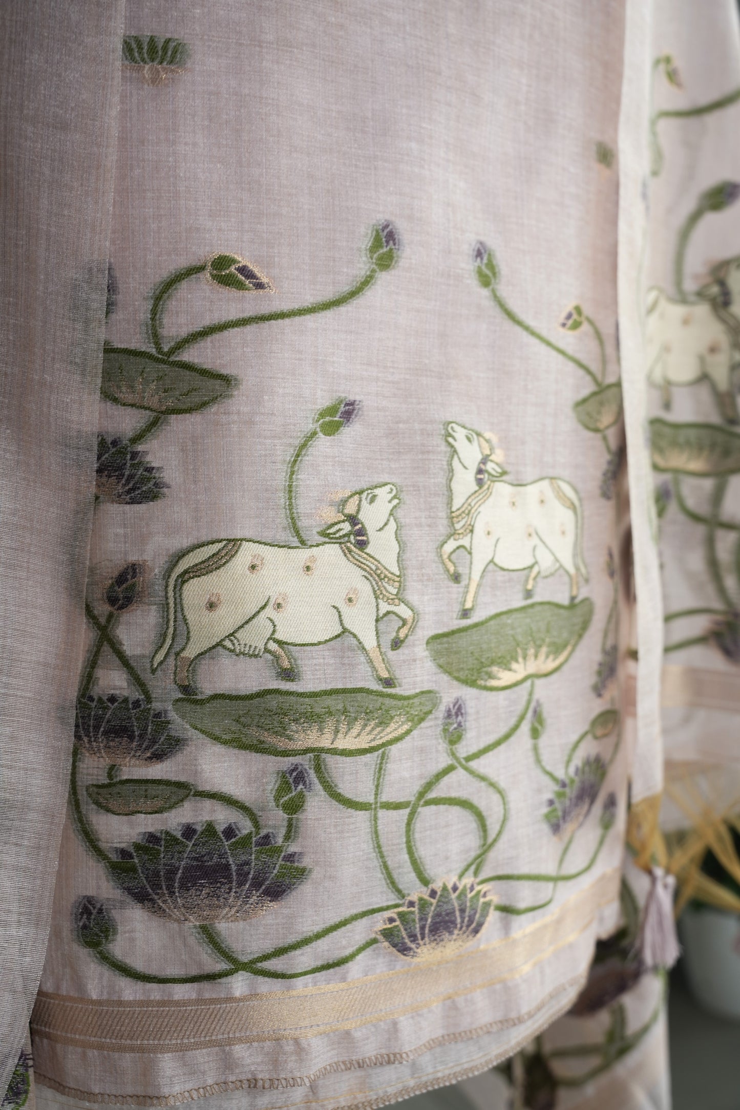 LILAC NOOR - Pure Chanderi Slub Pichwai Unstitched Suit Set
