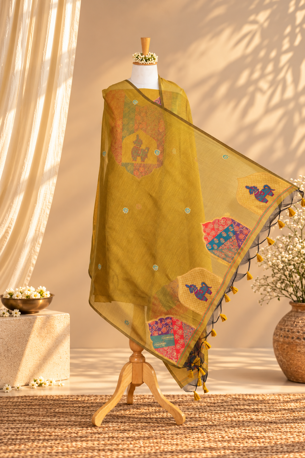 SUNHERI – Mustard Yellow Pure Chanderi Unstitched Suit Set
