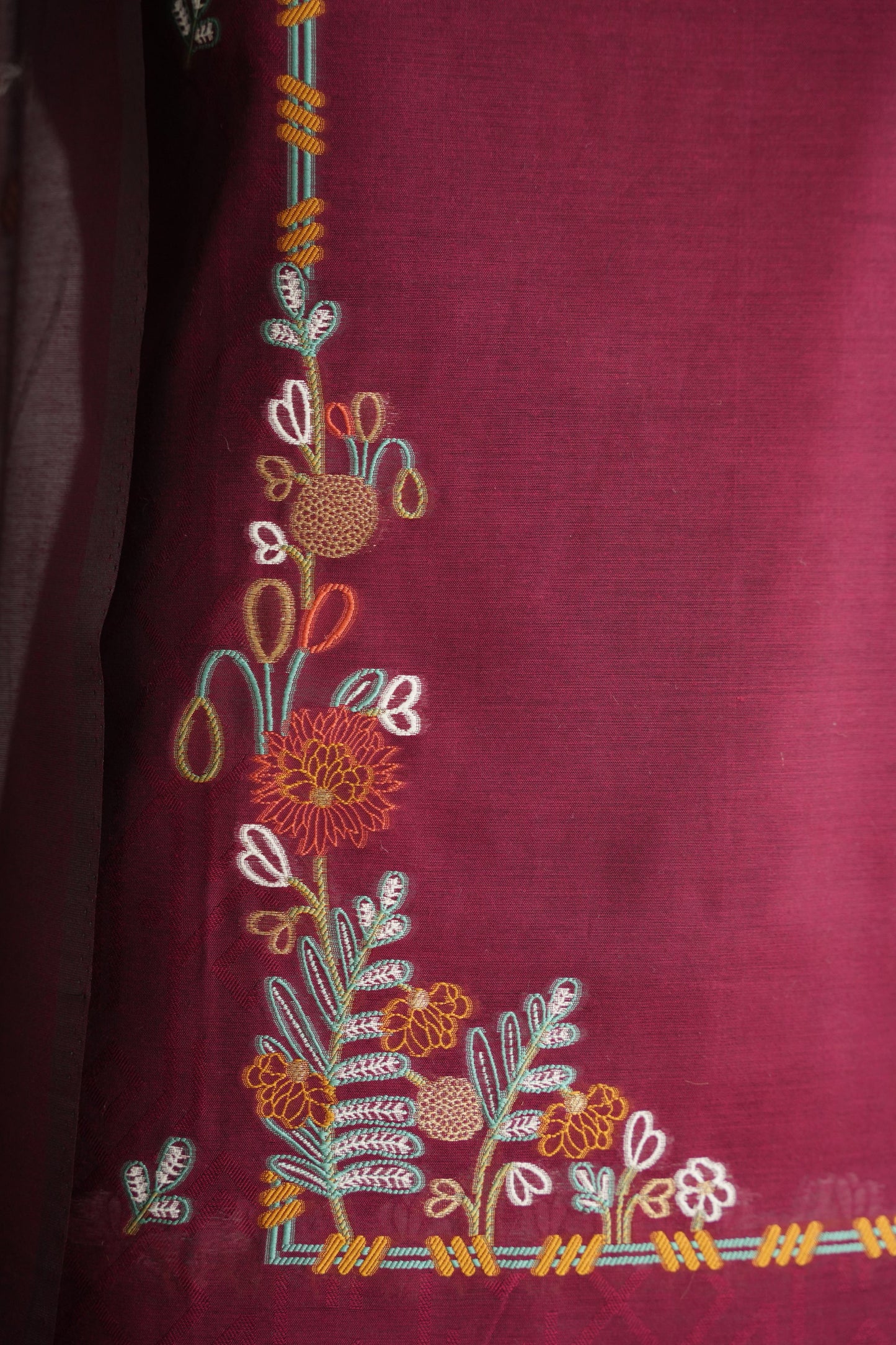 BURGUNDY BLOOM- Pure Mul Chanderi Burgundy Floral Unstiched Suit Set