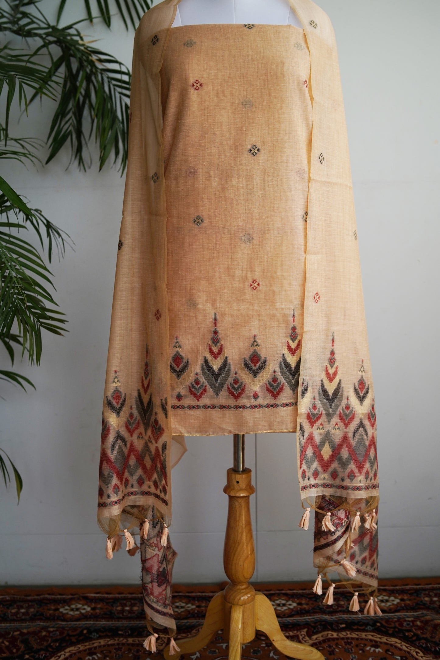 CREAM & CRIMSON- Geometric Monga Cotton Unnstiched Suit Set