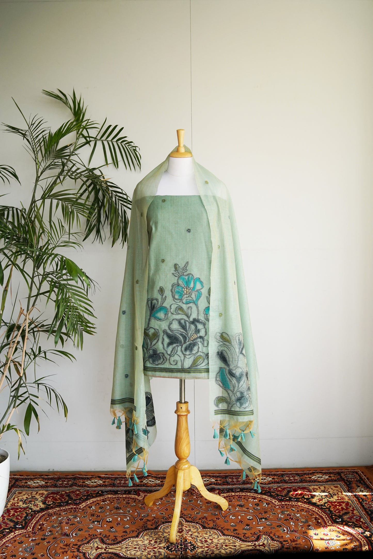 MINT MIRAGE- Sea Green Monga Cotton Unstitched Suit Set