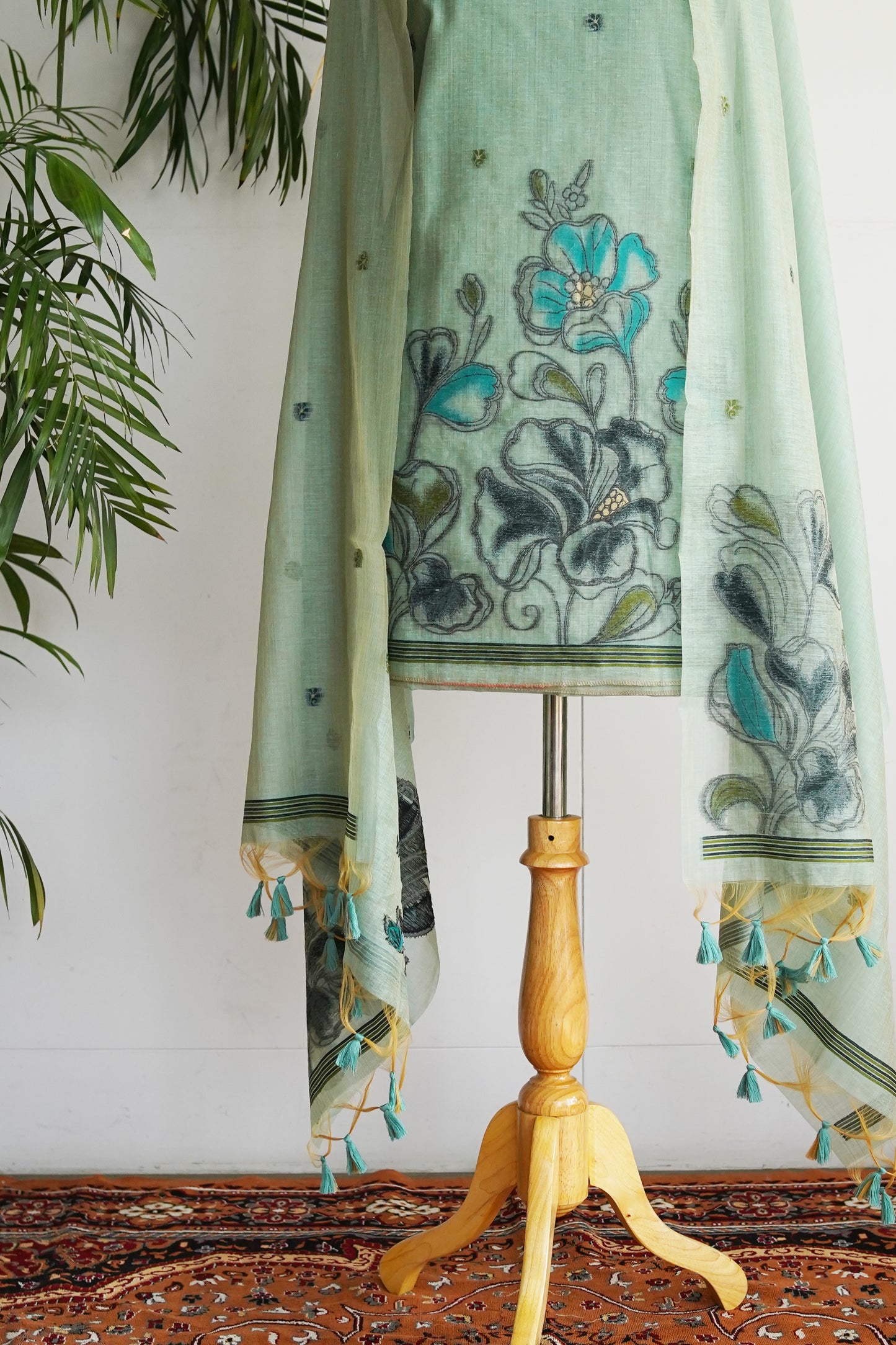 MINT MIRAGE- Sea Green Monga Cotton Unstitched Suit Set
