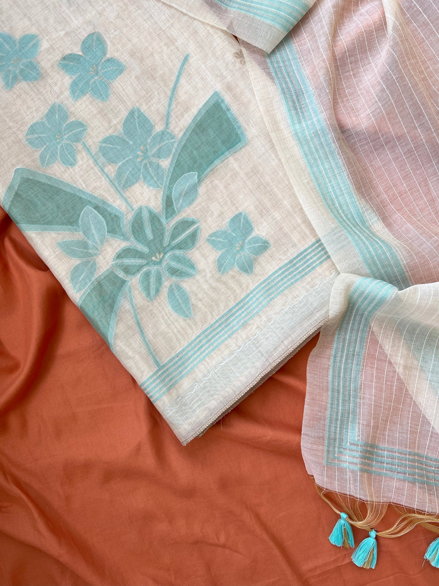 BREEZY BLOSSOM- Floral Weaving Monga Cotton Unstitched Suit Set