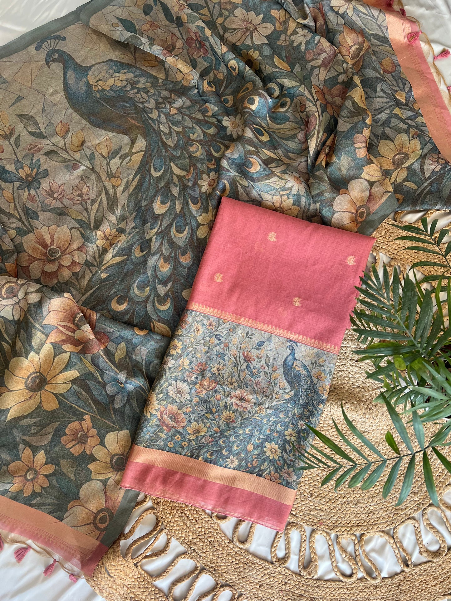 GULMOHAR - Floral Weaving Monga Cotton Unstitched Suit Set