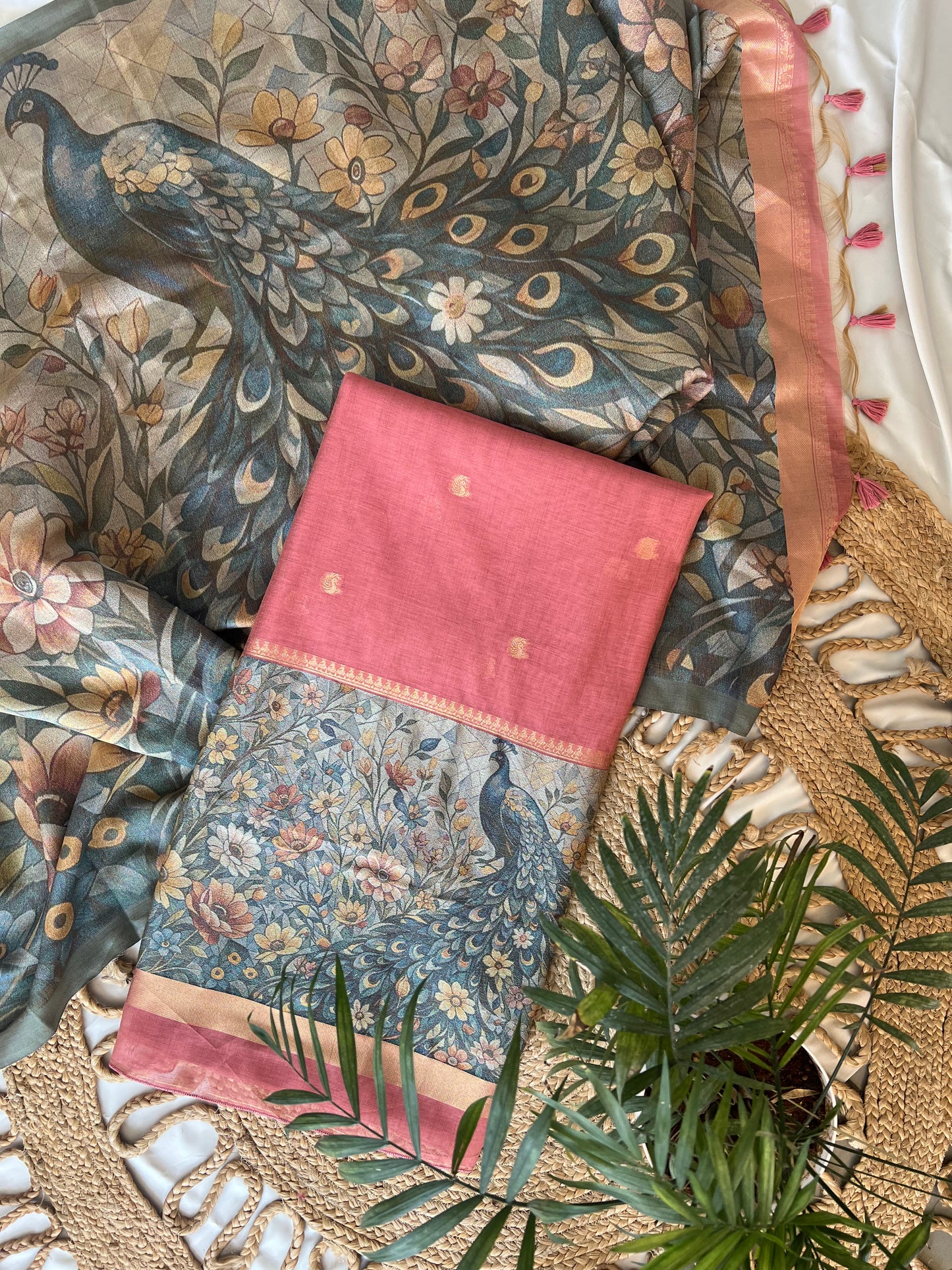 GULMOHAR - Floral Weaving Monga Cotton Unstitched Suit Set