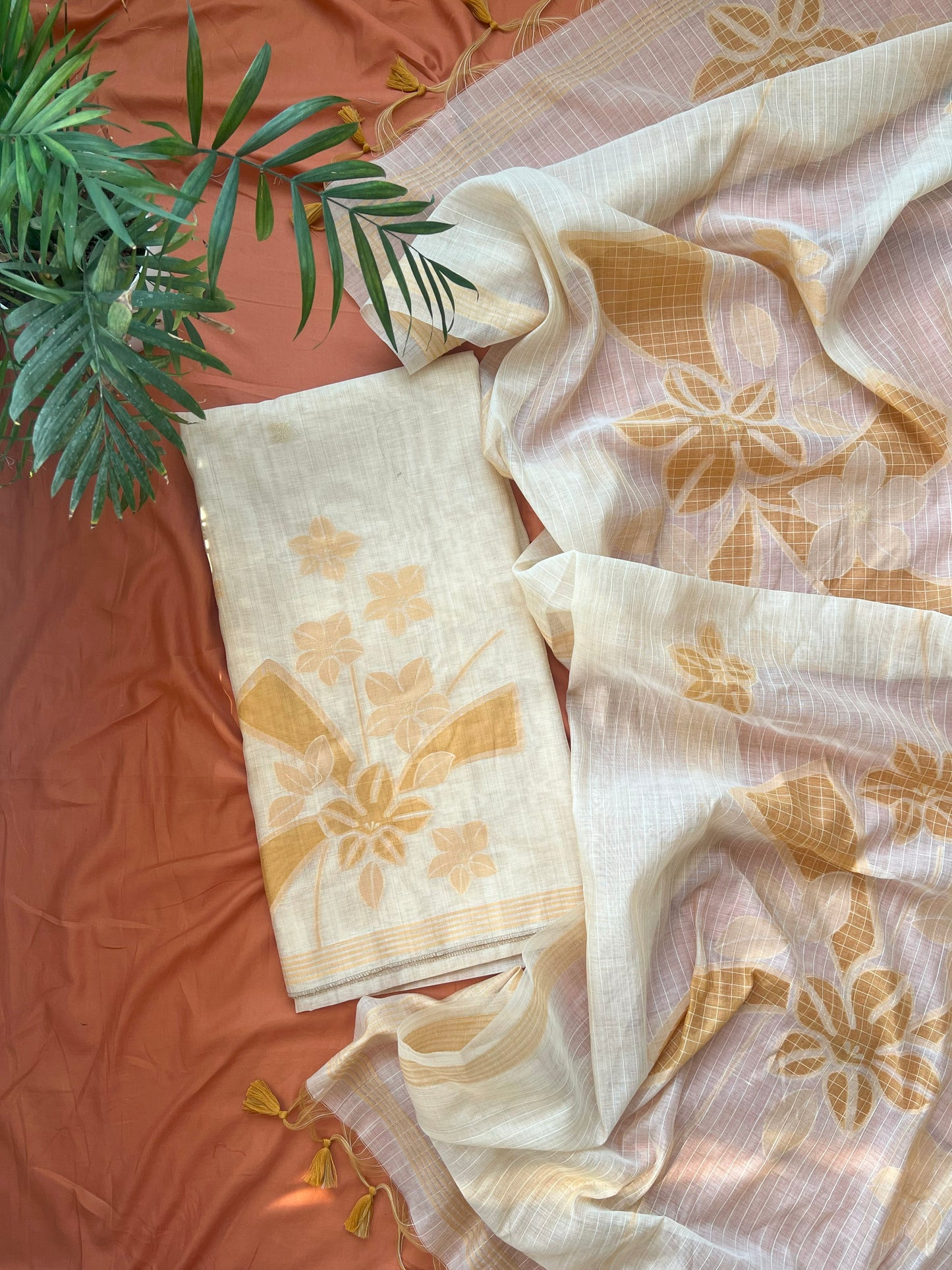 BUTTER BLOOM- Floral Weaving Monga Cotton Unstitched Suit Set