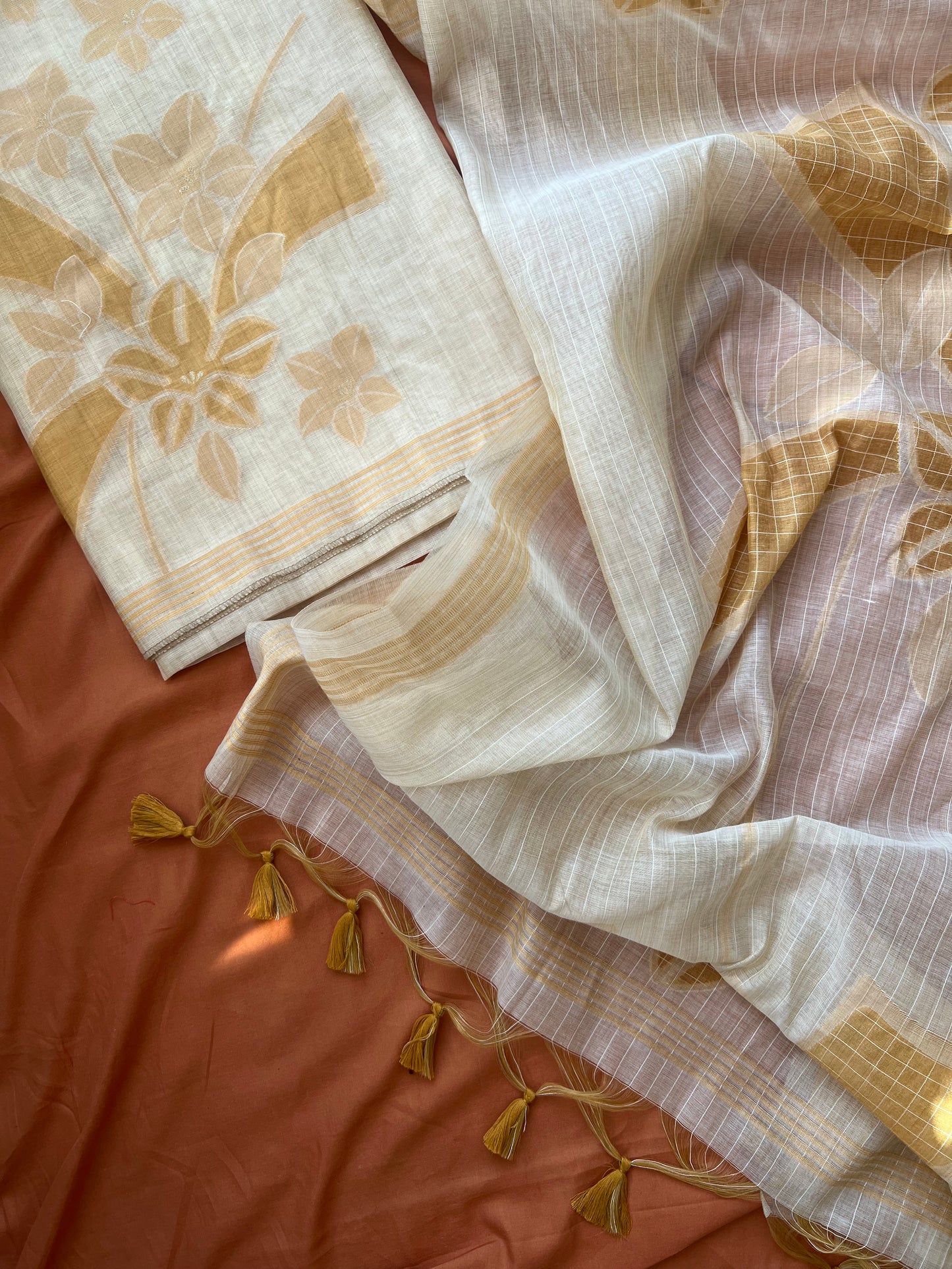 BUTTER BLOOM- Floral Weaving Monga Cotton Unstitched Suit Set