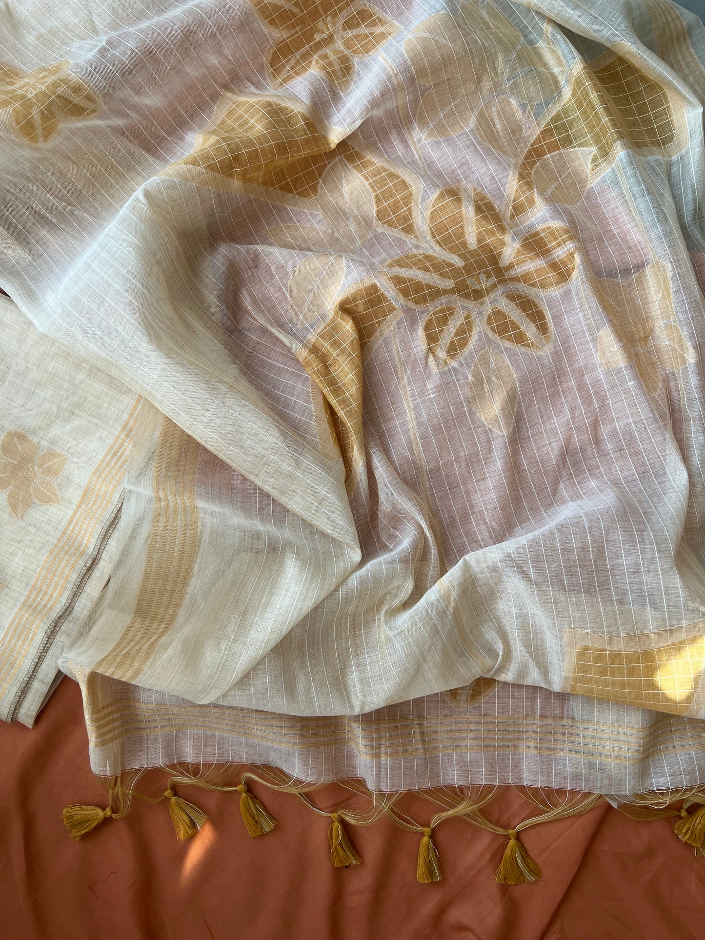 BUTTER BLOOM- Floral Weaving Monga Cotton Unstitched Suit Set