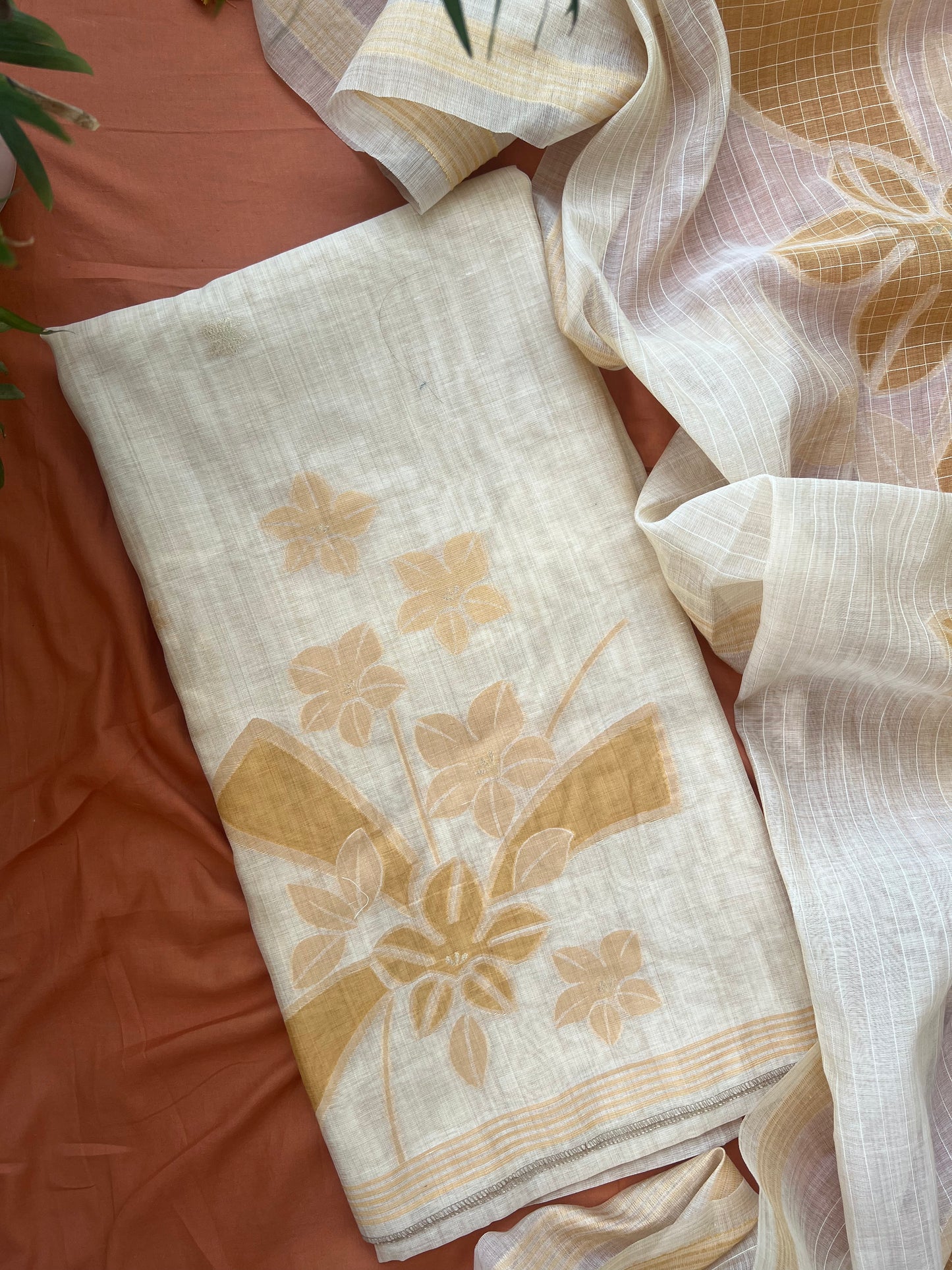 BUTTER BLOOM- Floral Weaving Monga Cotton Unstitched Suit Set