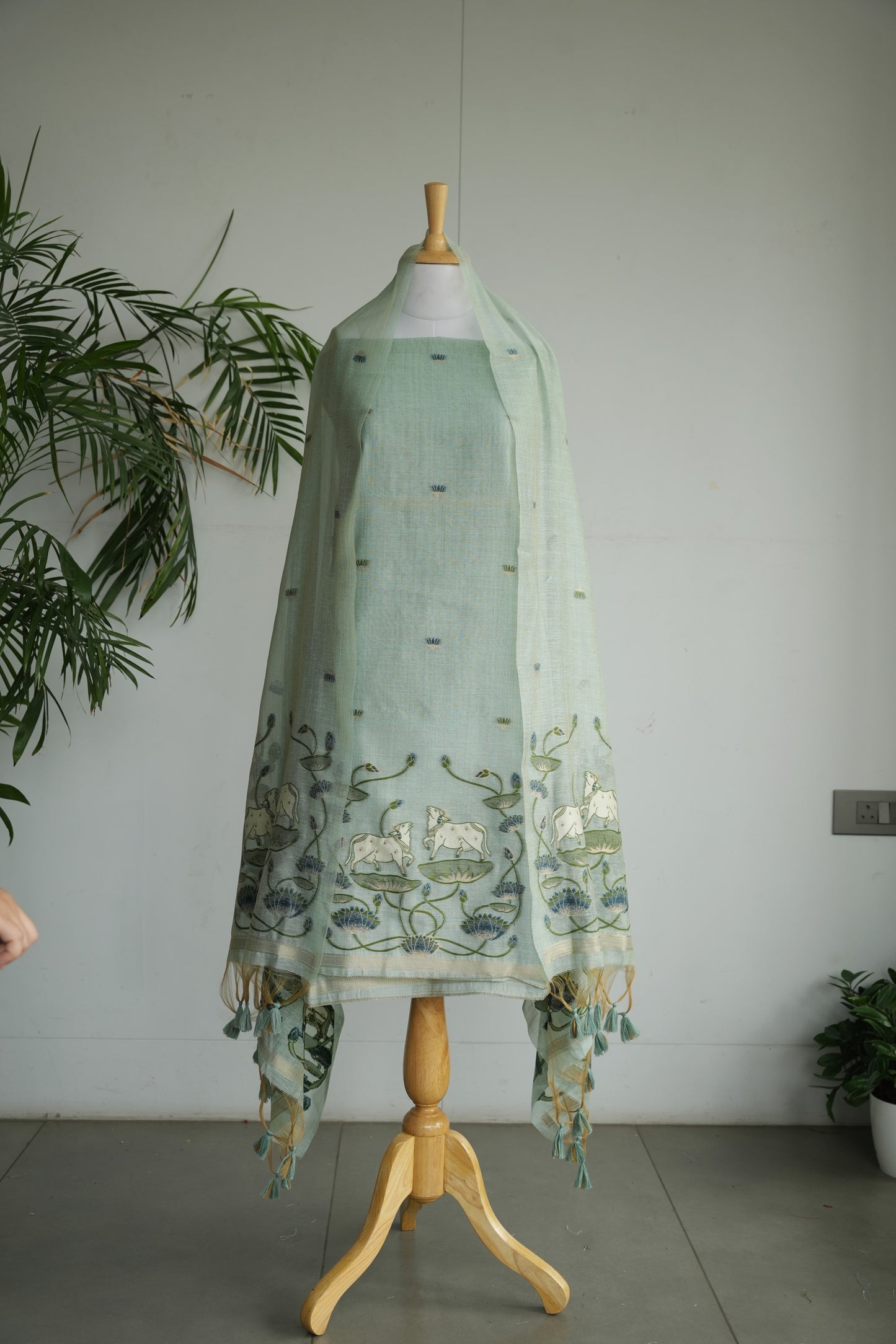 AQUA LEELA - Pure Chanderi Slub Pichwai Unstitched Suit Set