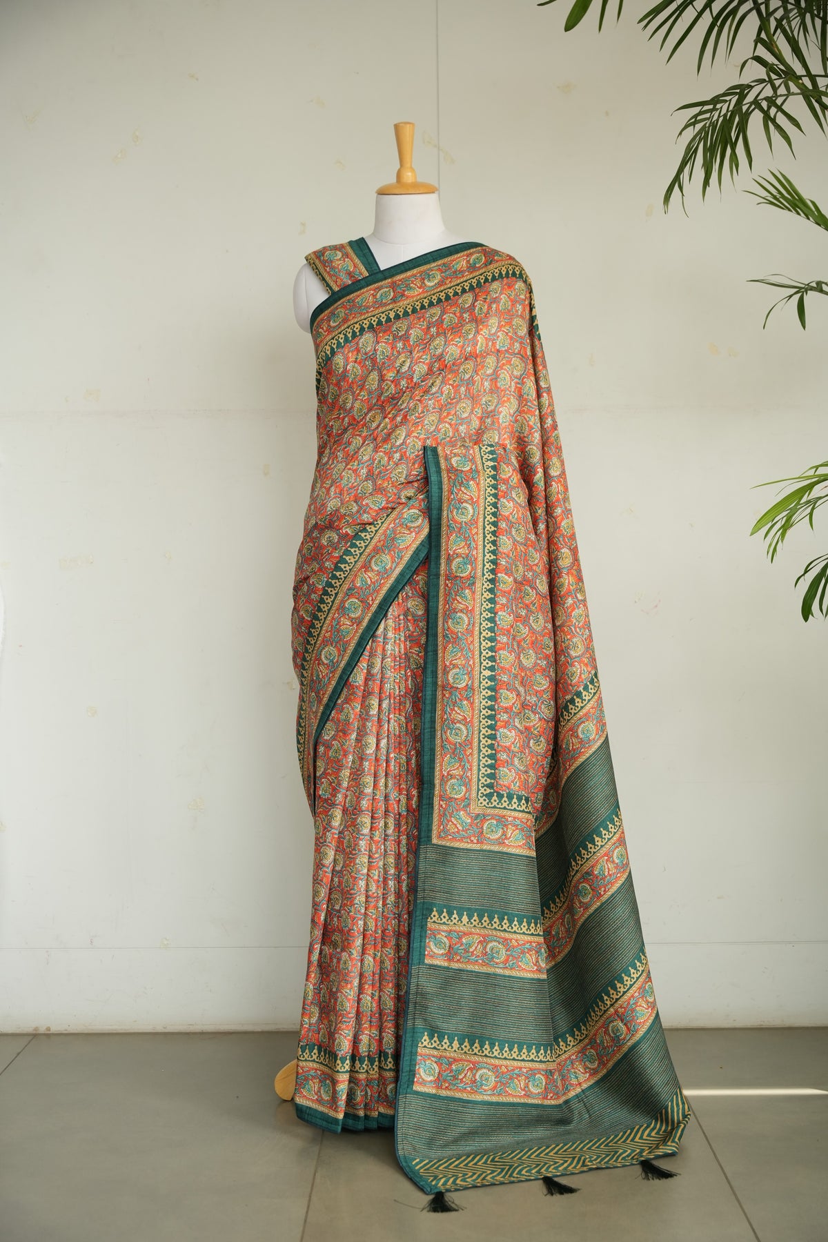 AAROHI – Coral & Teal Floral Kalamkari Tussar Silk Saree