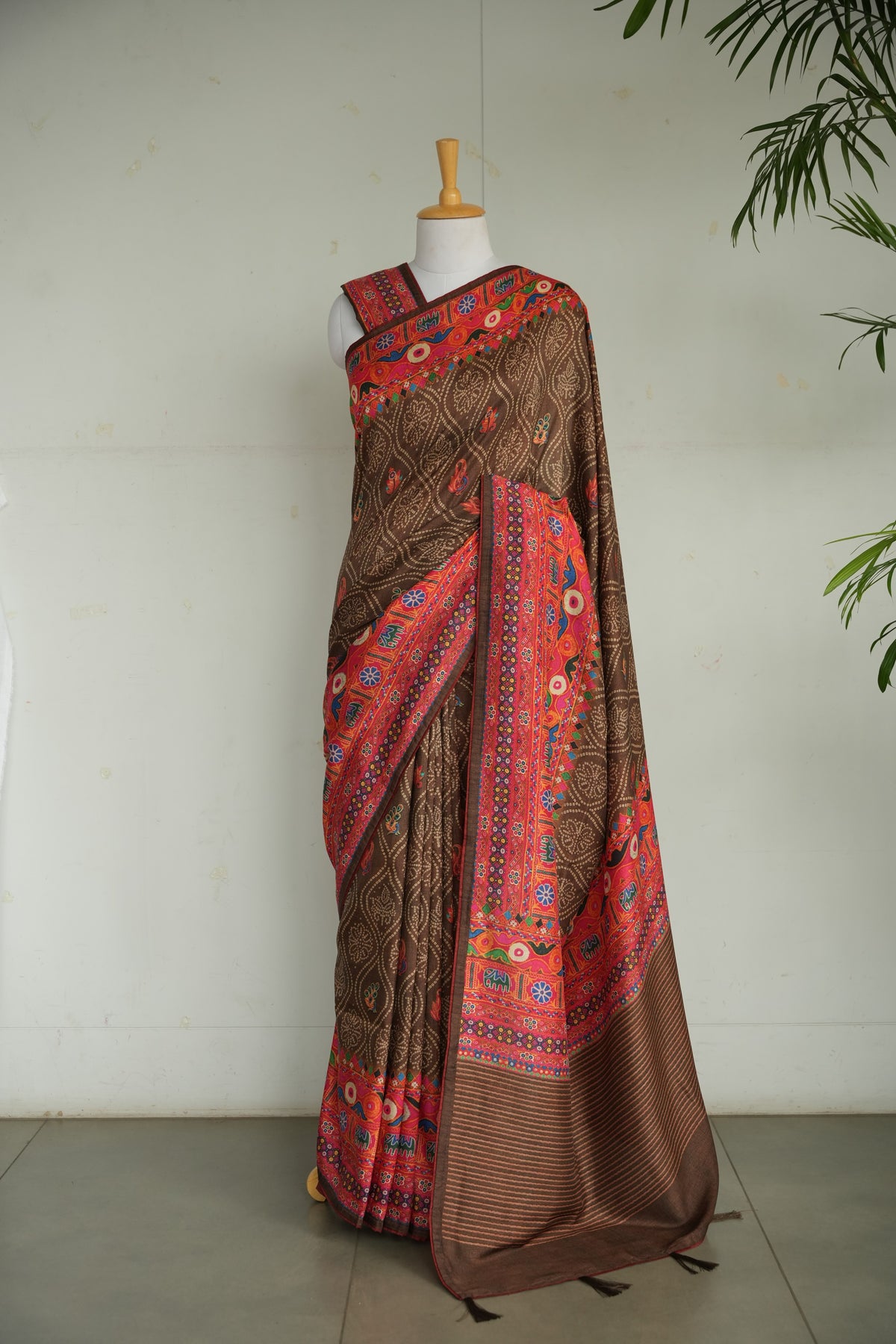 AABHA - Chocolate Brown & Rust Folk Art Tussar Silk Saree