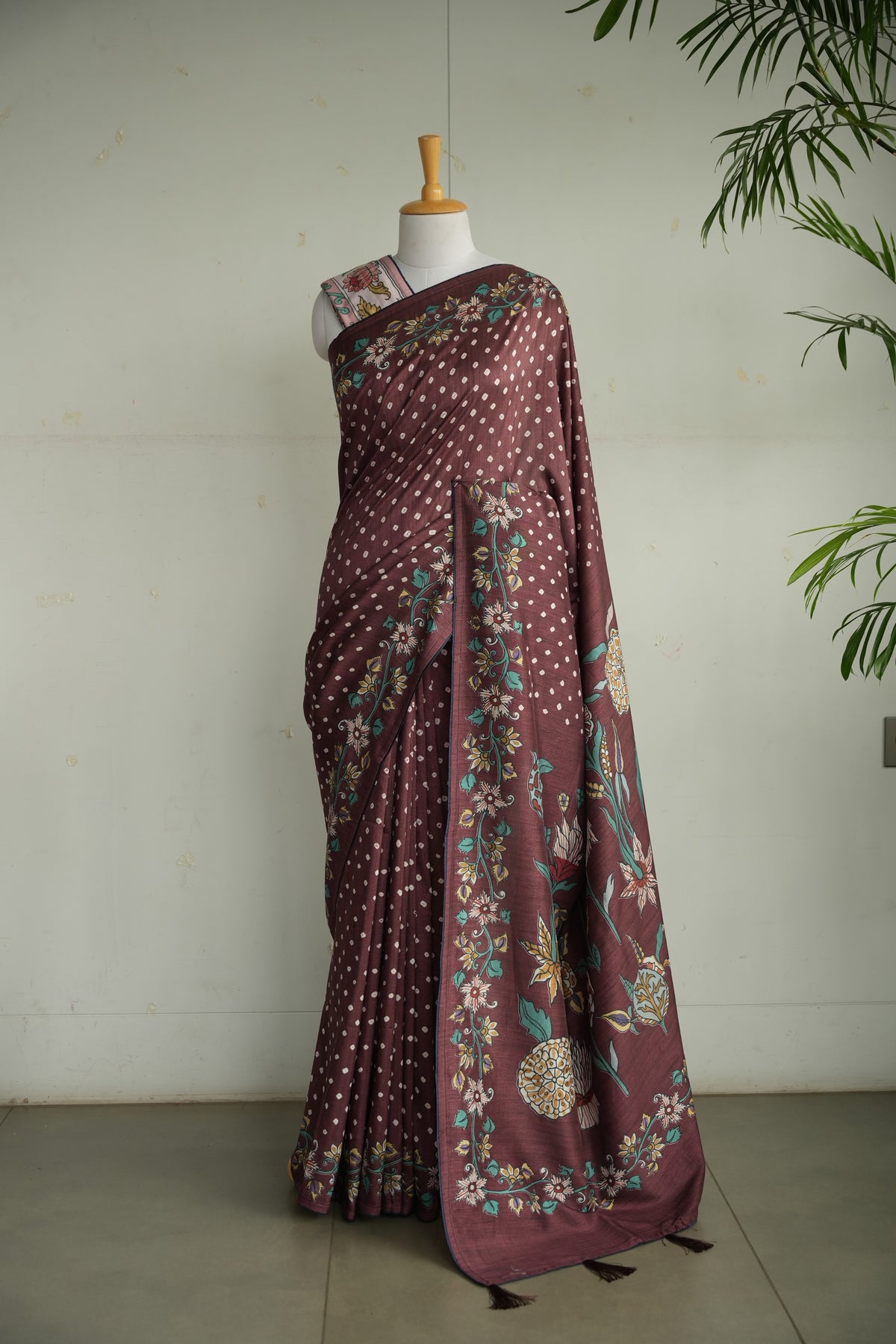 KASTURI – Plum Brown Floral Tussar Silk Saree