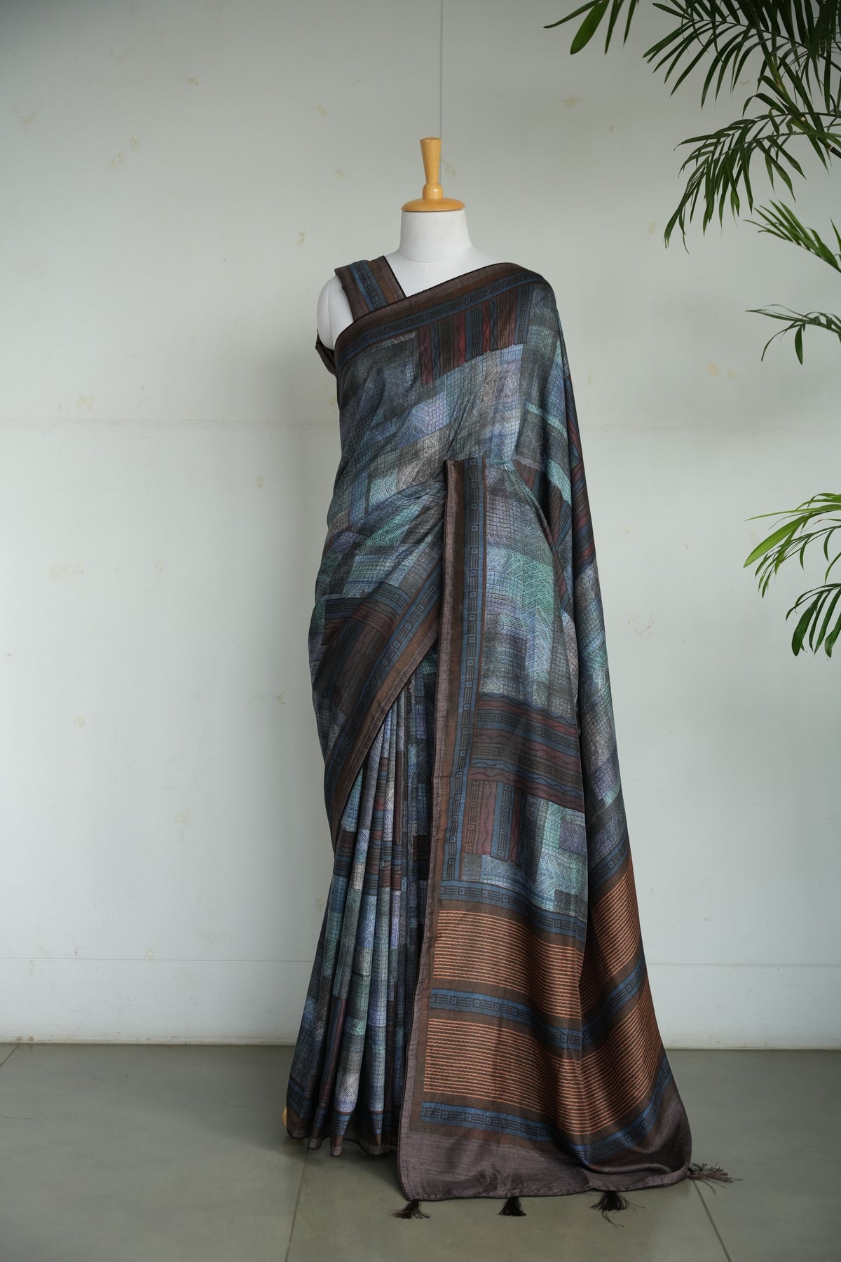 SAANJH – Charcoal Grey & Copper Printed Tussar Silk Saree
