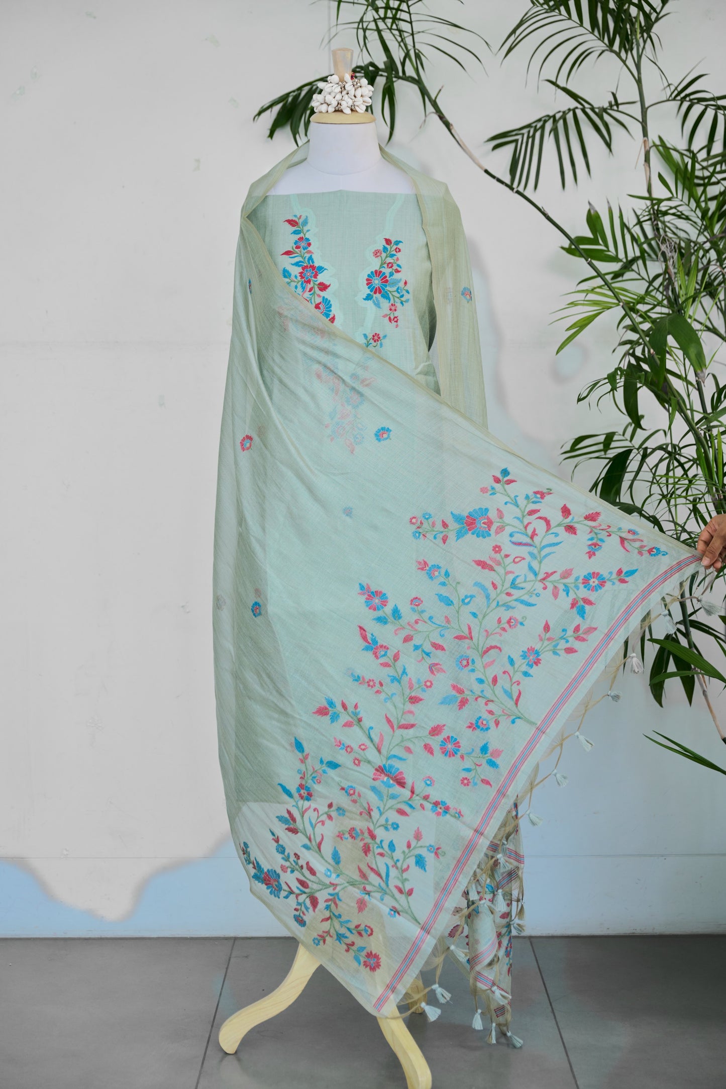 MEHR – Pure Mul Chanderi Pista Green Unstitched Suit Set