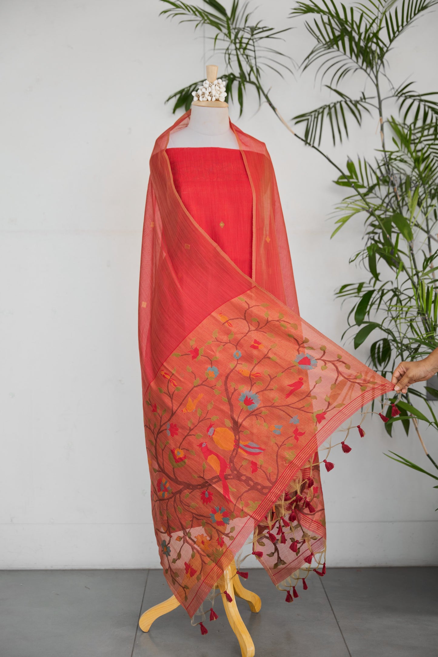 NAYRA– Pure Mul Chanderi Red Unstitched Suit Set