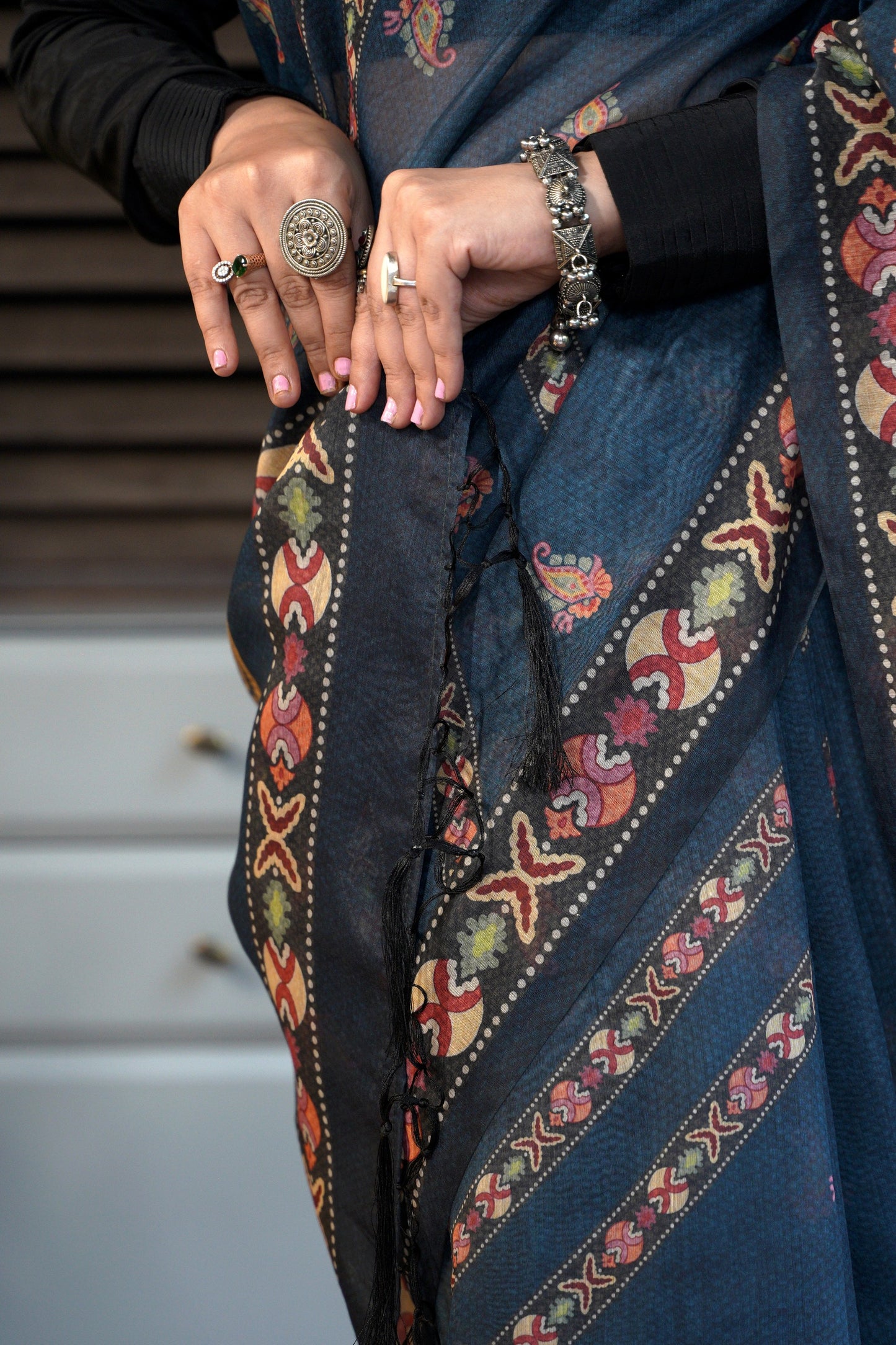 MRIDULA-Indigo Printed Chanderi Saree with Colorful Floral Motifs