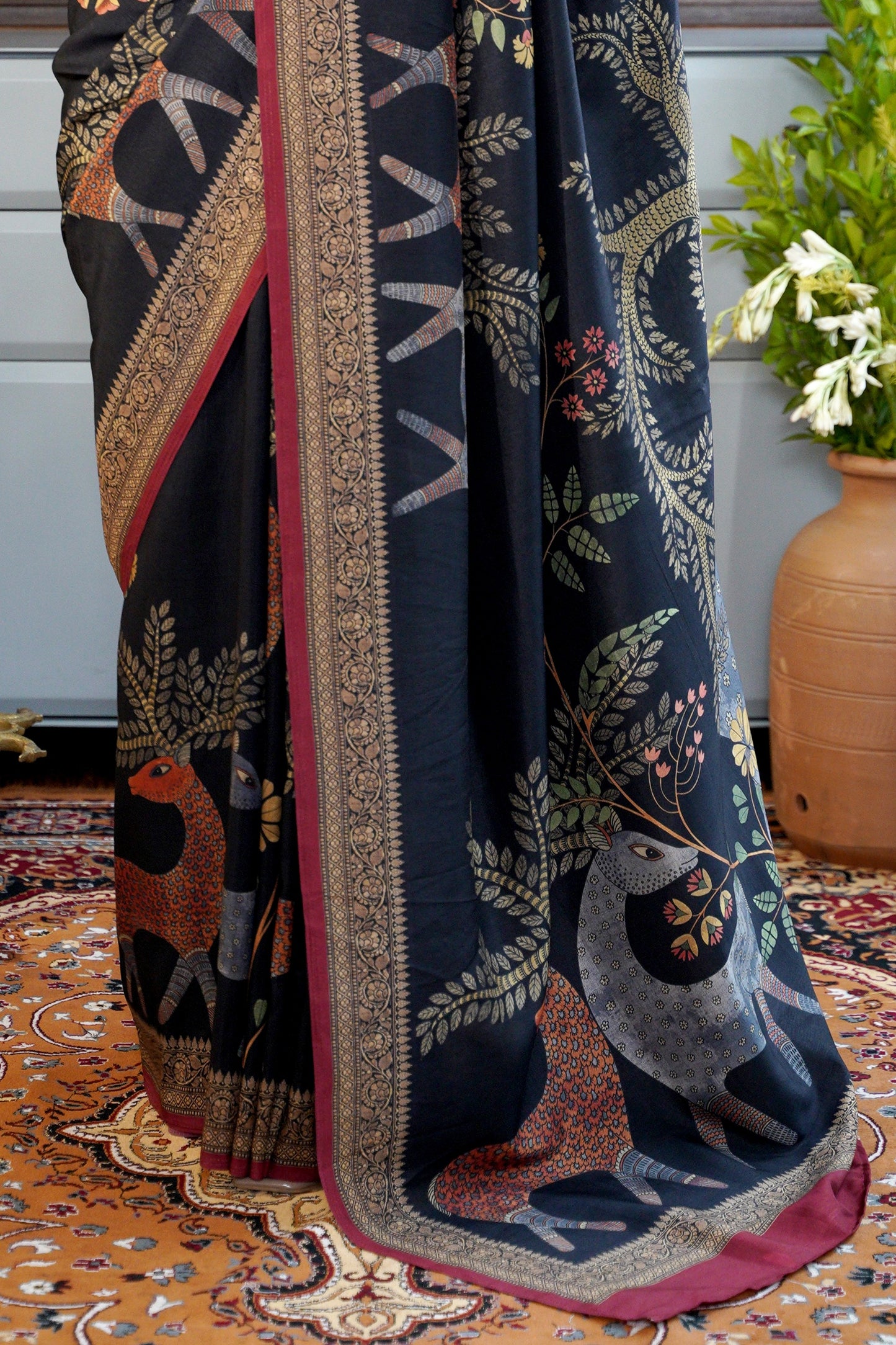 MRIGVAN - Black Printed Tussar Silk Saree with Deer & Forest Motifs