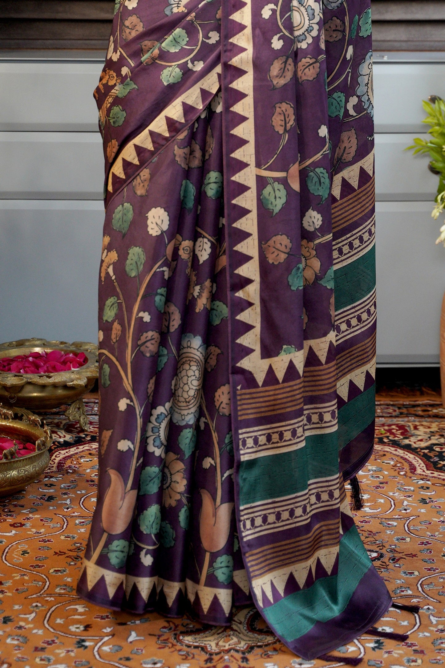RANGREKHA – A Purple Tussar Silk Saree with Hand-Painted Florals & Motifs