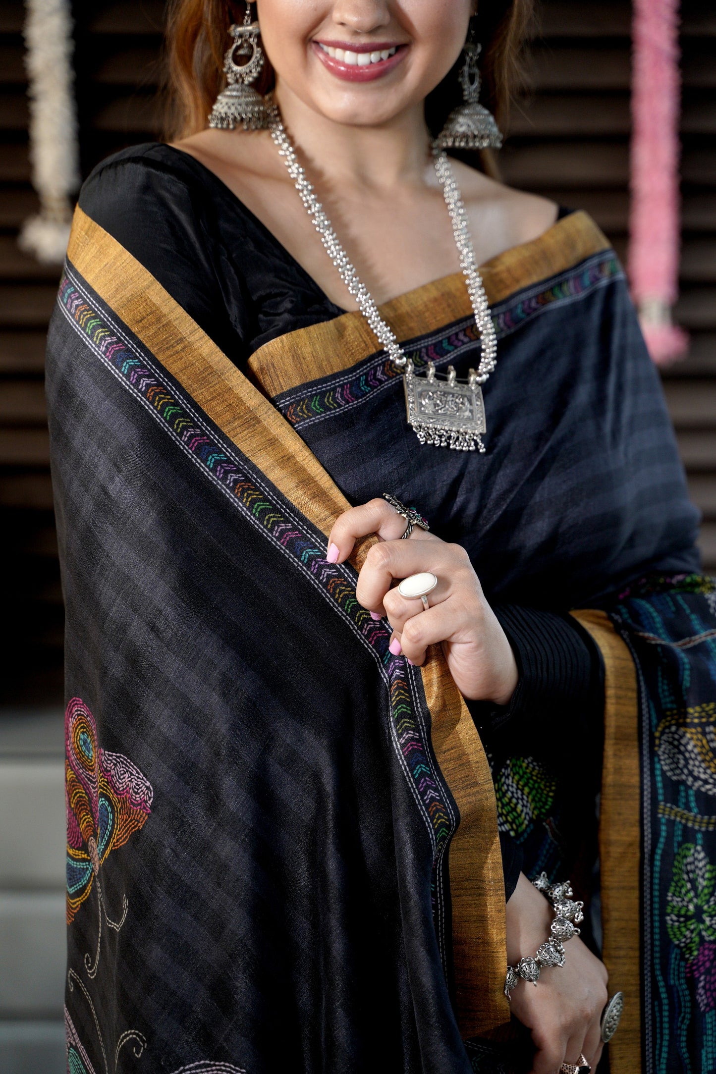 KARIGARI - Midnight Blue Katha Silk Saree