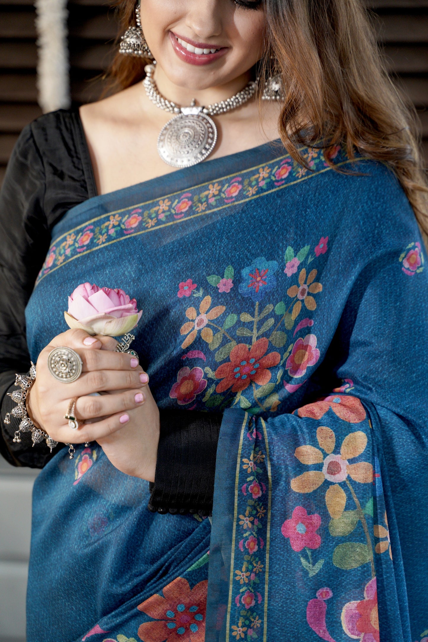 INDIE BLOOM โ Floral Printed Blue Chanderi Saree