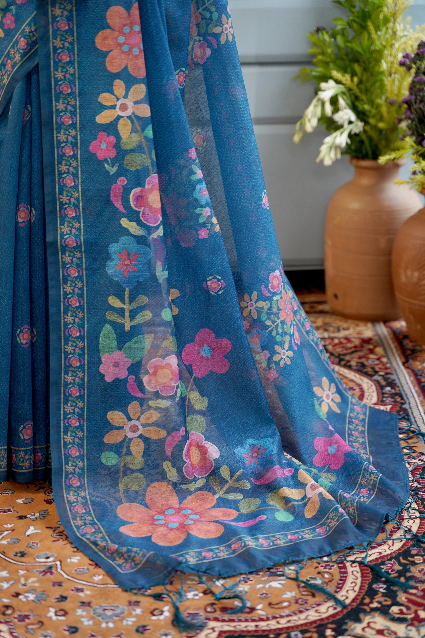 INDIE BLOOM โ Floral Printed Blue Chanderi Saree