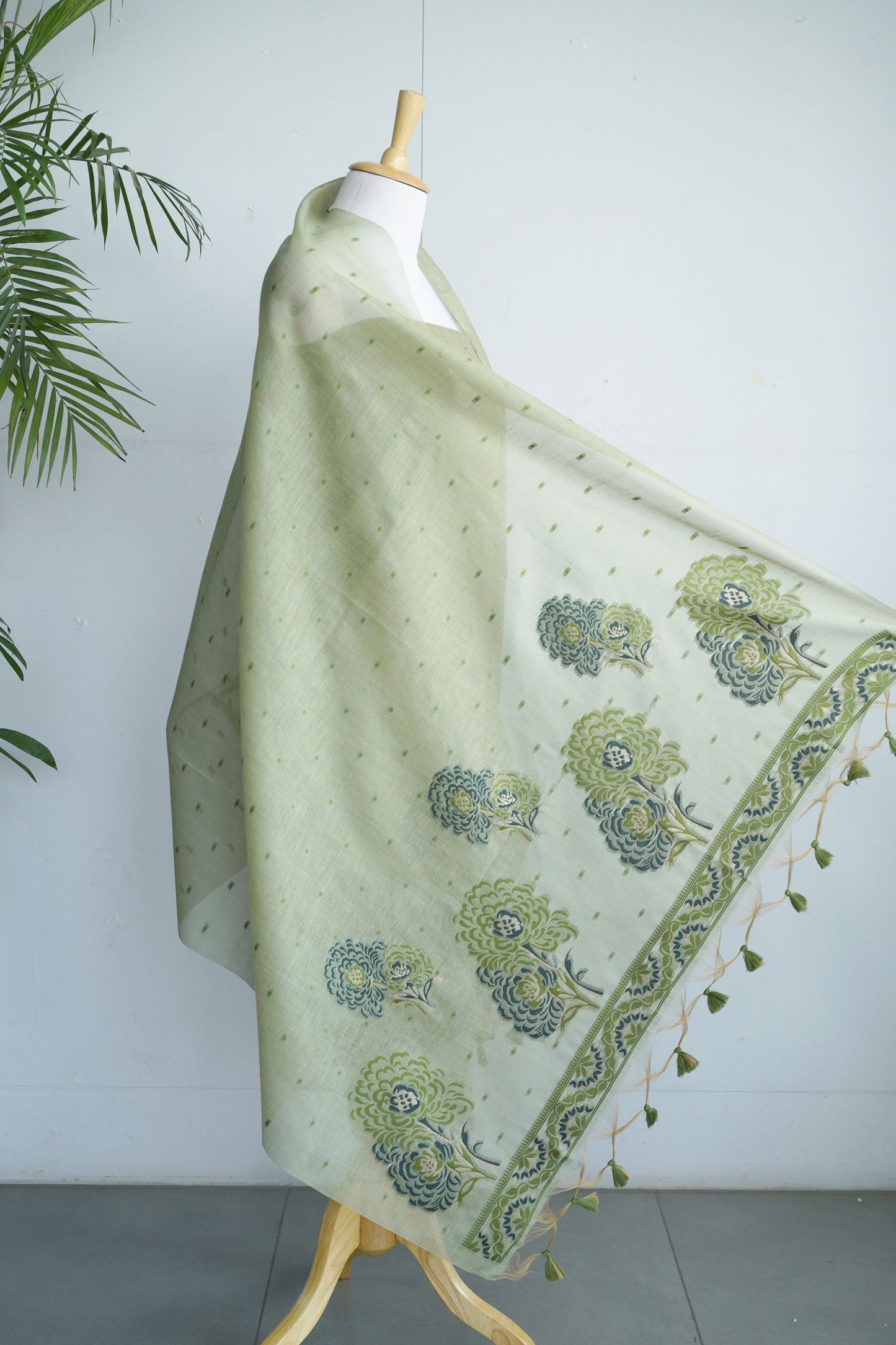 MEADOW MUSE- Light Green Floral Pure Chanderi Slub Unstiched Suit Set