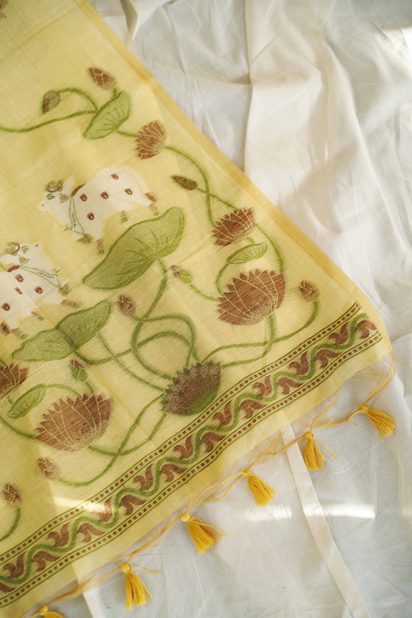 PICHWAI PHOOL- Yellow Pure Monga Cotton Handwoven Pichwai Saree
