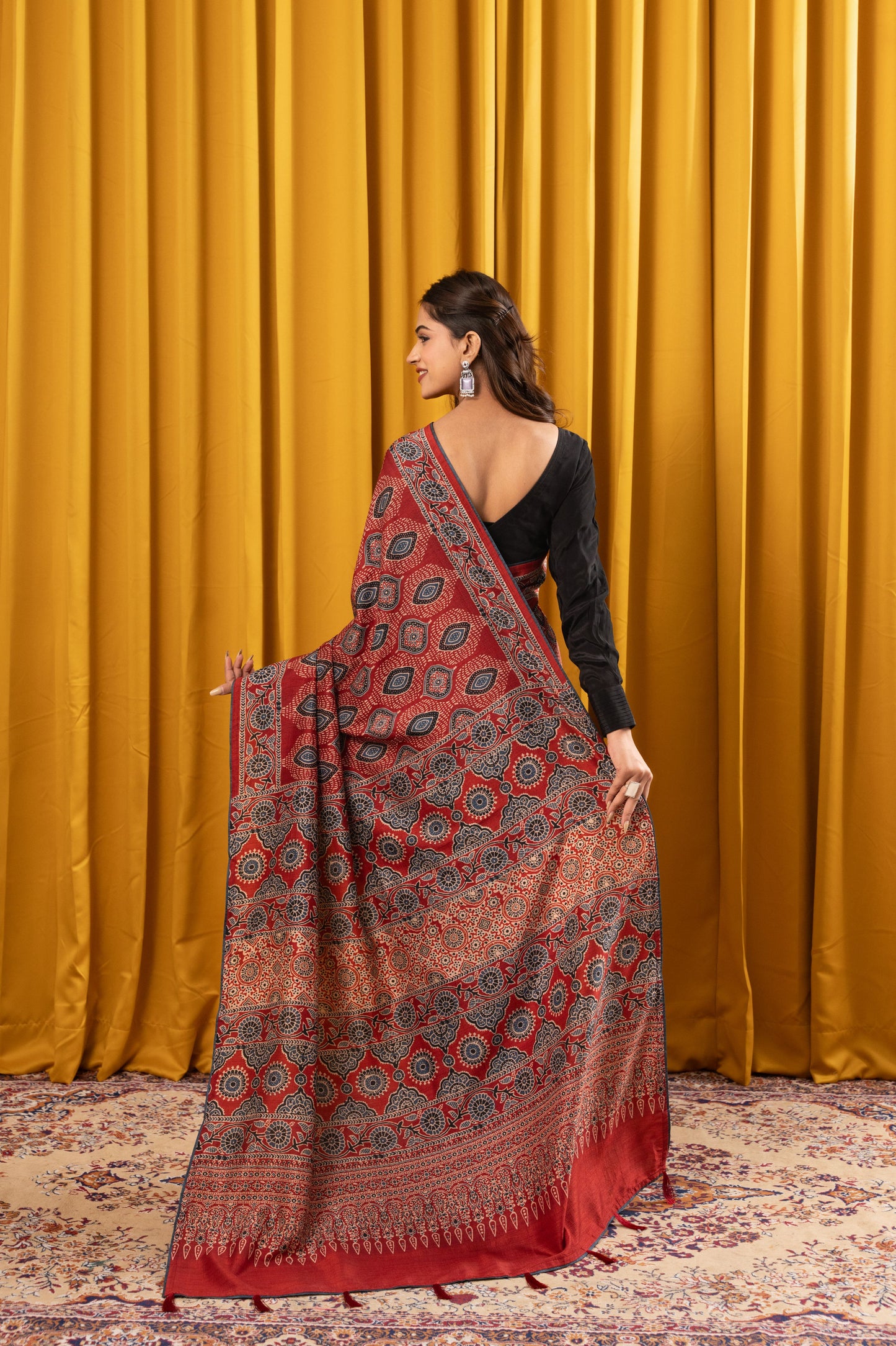 SINDOORI- Red Ajrakh Tussar Silk Saree