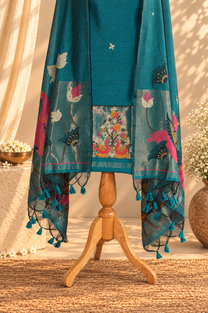 RANG RANI – Teal Blue Pure Chanderi Unstitched Suit Set