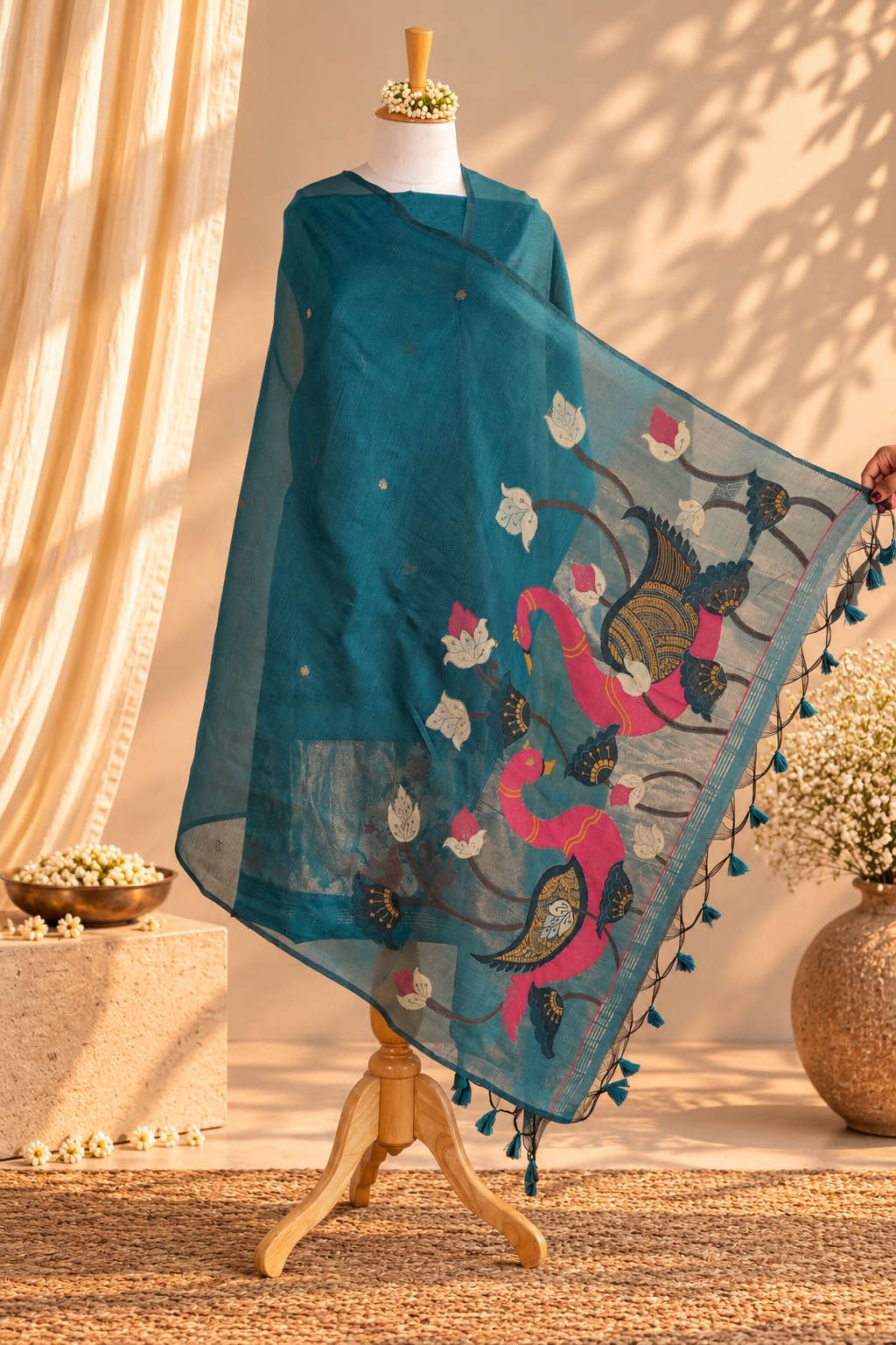 RANG RANI – Teal Blue Pure Chanderi Unstitched Suit Set