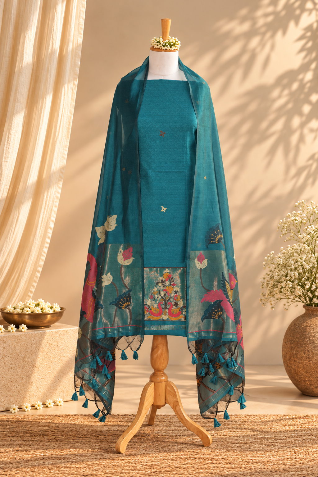 RANG RANI – Teal Blue Pure Chanderi Unstitched Suit Set