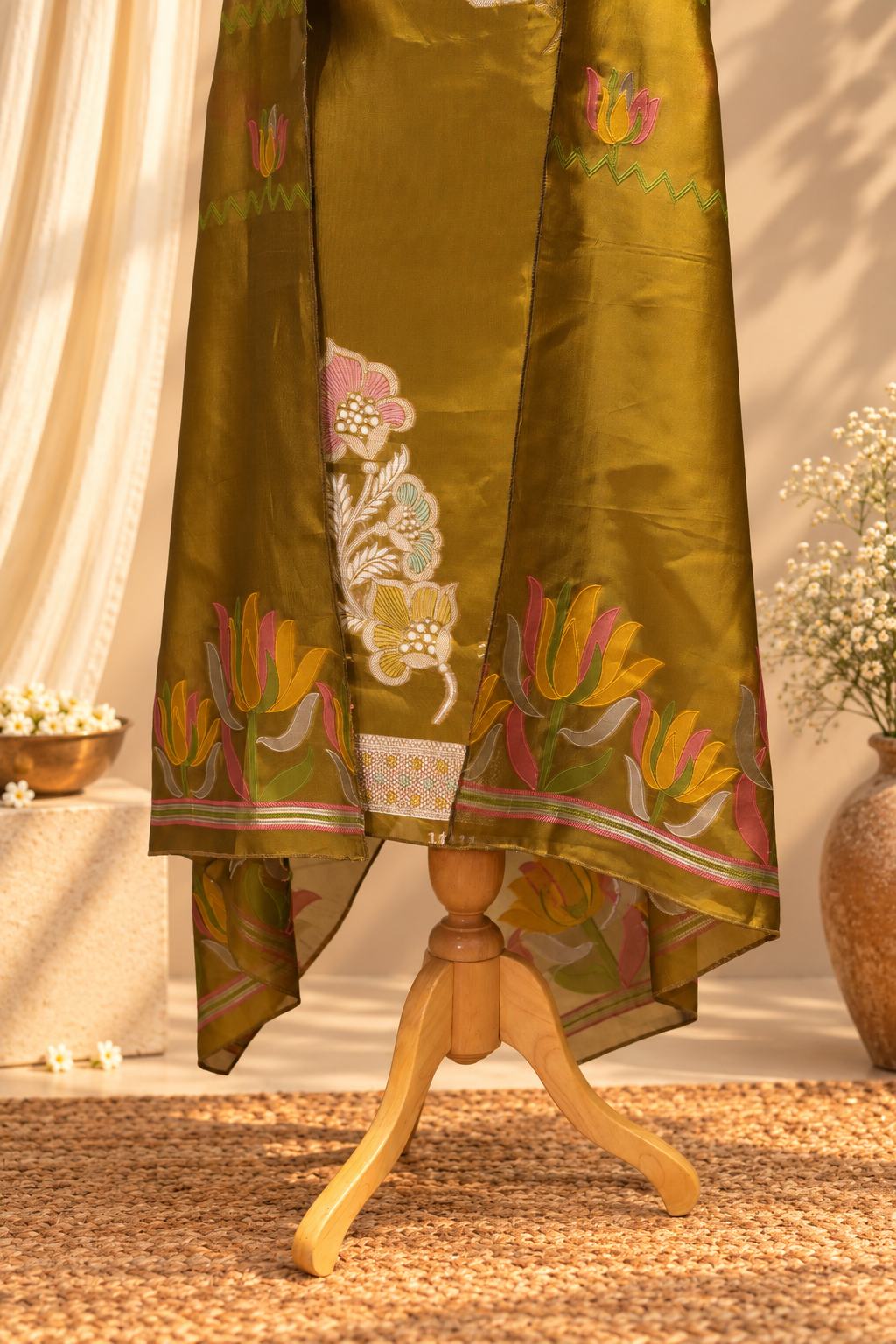 GENDA GLOW – Mustard Olive Banrasi Silk Unstitched Suit Set