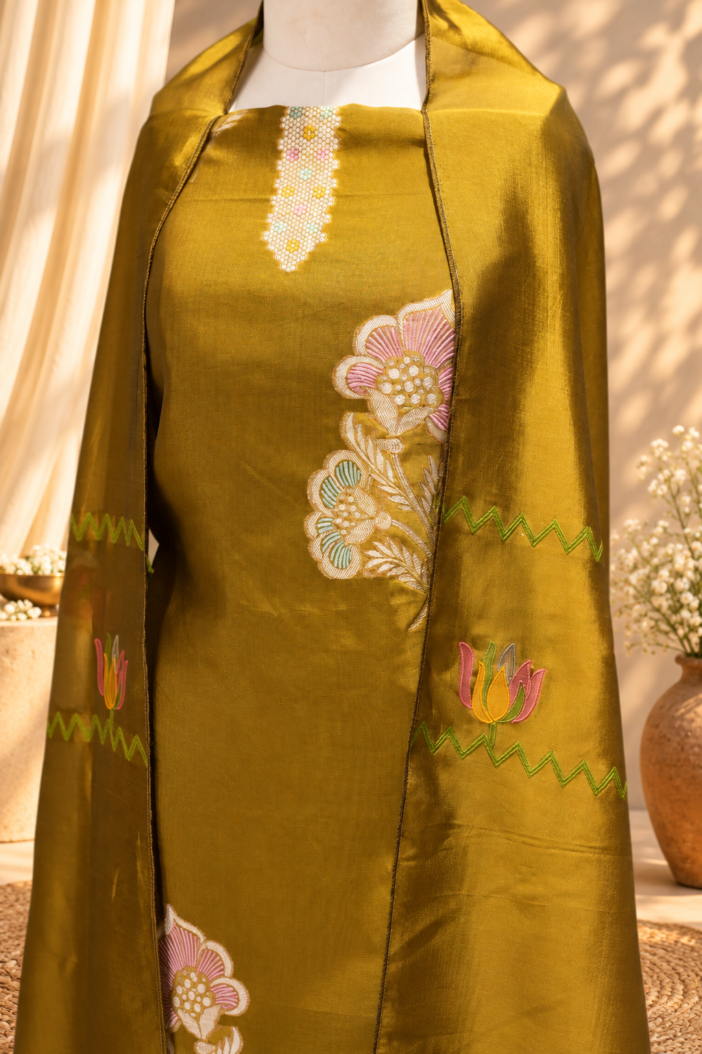 GENDA GLOW – Mustard Olive Banrasi Silk Unstitched Suit Set
