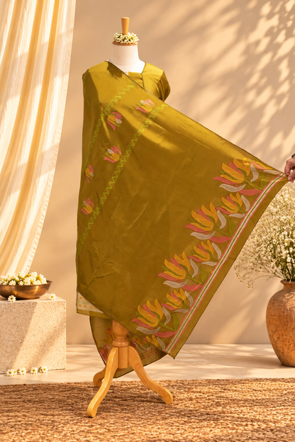 GENDA GLOW – Mustard Olive Banrasi Silk Unstitched Suit Set