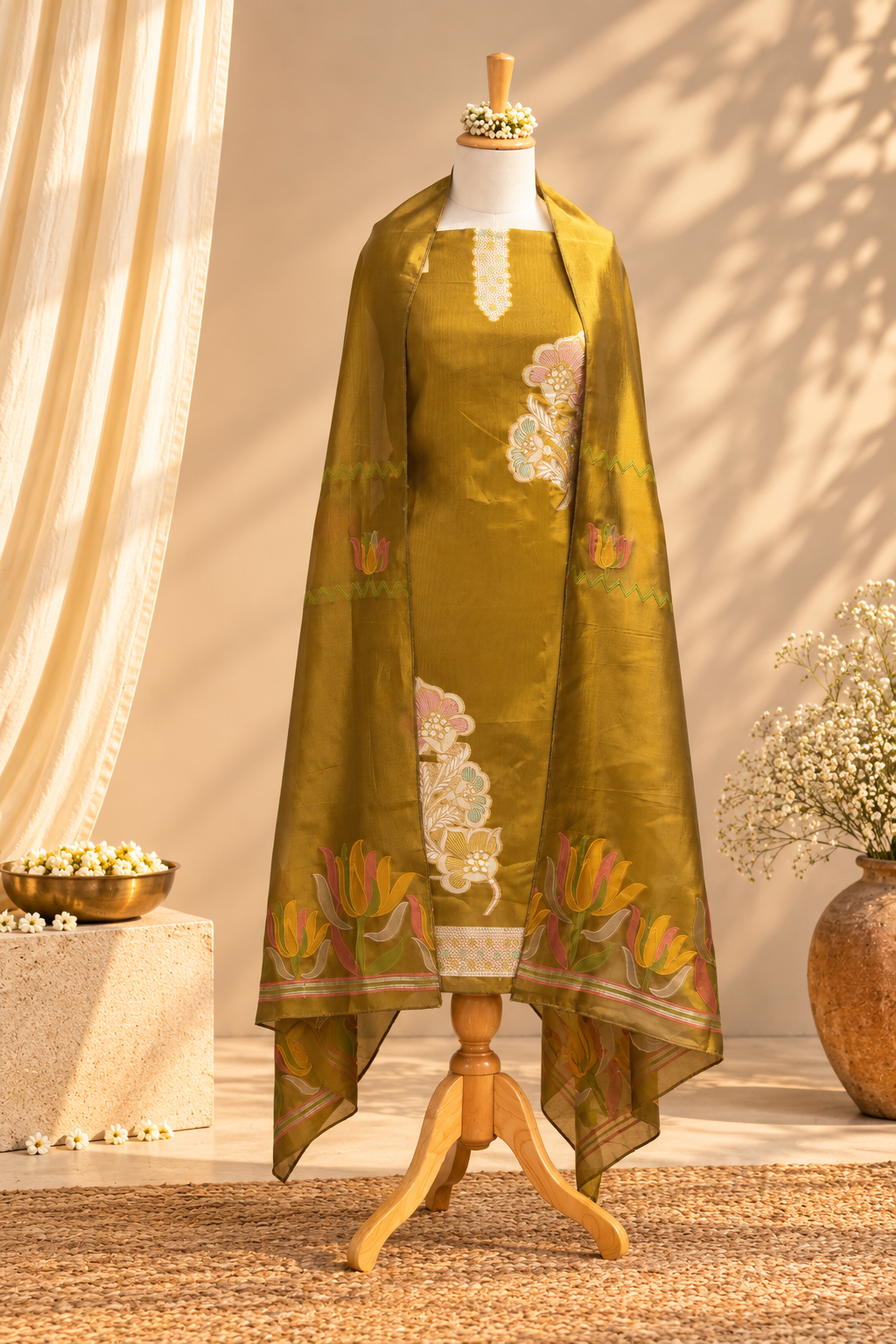 GENDA GLOW – Mustard Olive Banrasi Silk Unstitched Suit Set