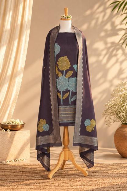 GULMARG – Plum Banarasi Silk Unstitched Suit Set