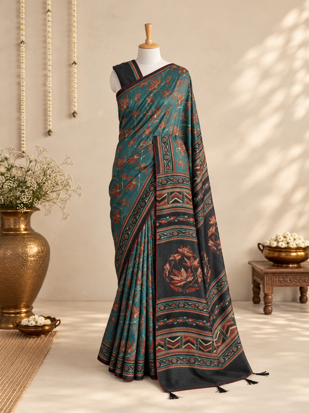 VANYA – Deep Teal & Rust Floral Tussar Silk Saree