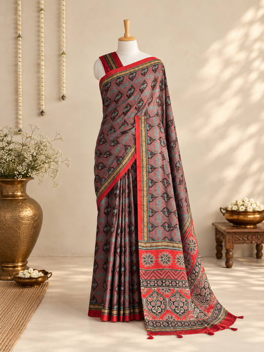 ROOH – Charcoal Grey & Red Paisley Print Modal Silk Saree