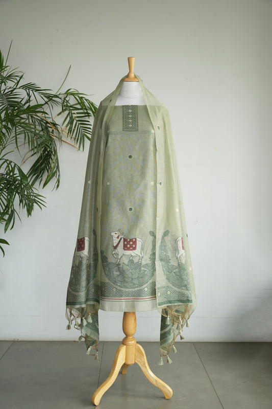 VRINDA LEELA - Pure Chanderi Slub Pichwai Unstitched Suit Set