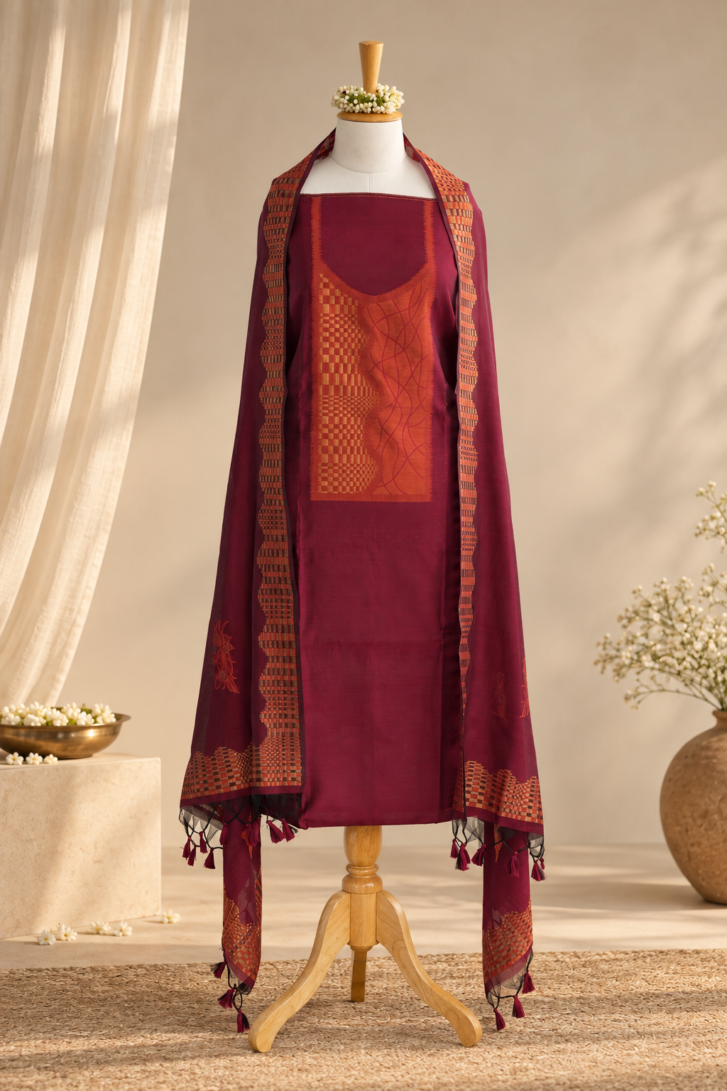 SHAGUN- Pure Chanderi Red and Orange Unstithced Suit Set