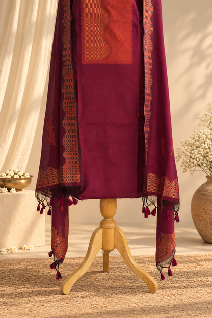 SHAGUN- Pure Chanderi Red and Orange Unstithced Suit Set