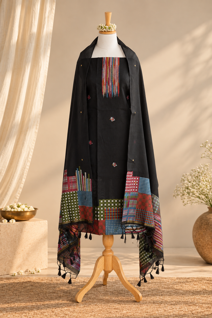 NAZAR BATTU- Pure Chanderi Red and Orange Unstithced Suit Set