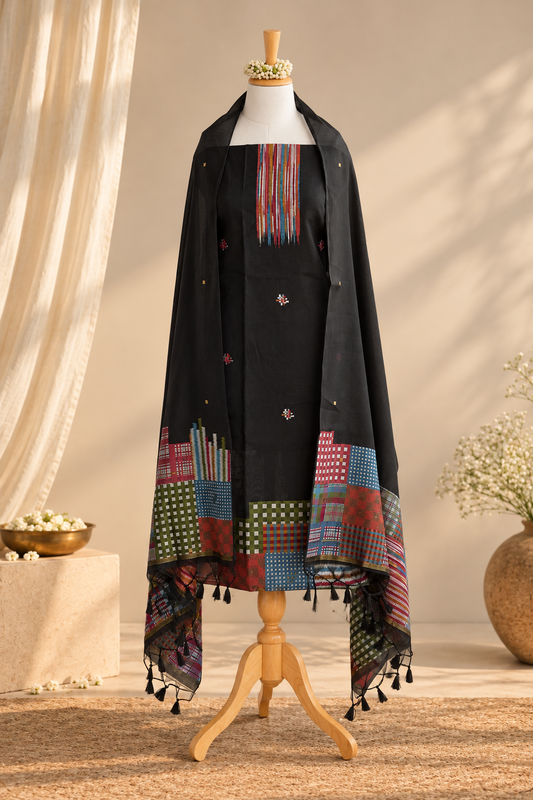 NAZAR BATTU- Pure Chanderi Red and Orange Unstithced Suit Set