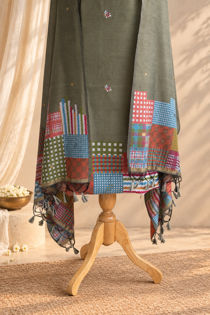 PISTA POP – Olive Green Pure Chanderi Unstitched Suit Set