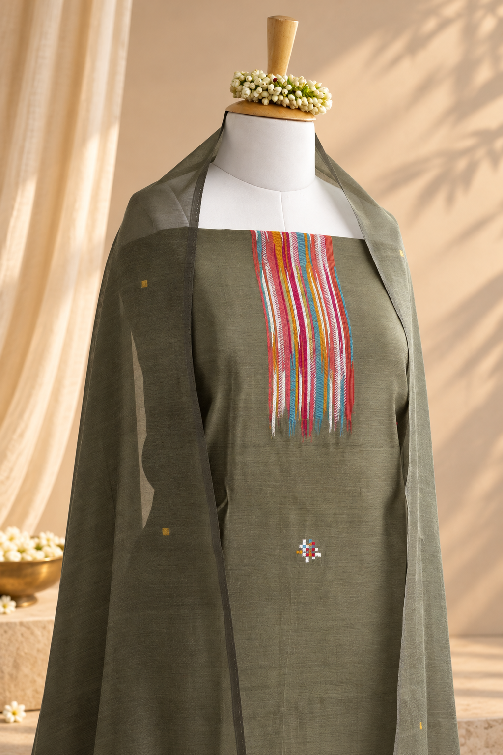 PISTA POP – Olive Green Pure Chanderi Unstitched Suit Set