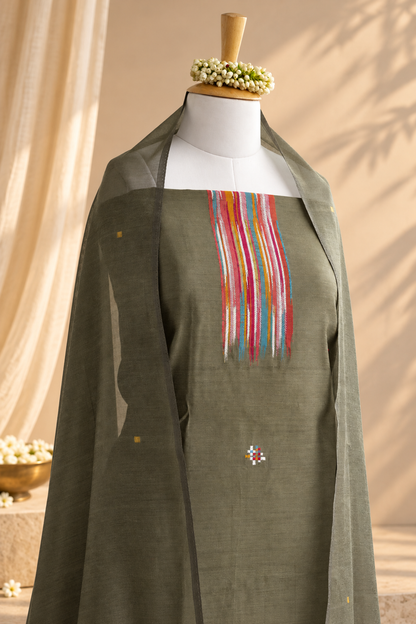 PISTA POP – Olive Green Pure Chanderi Unstitched Suit Set