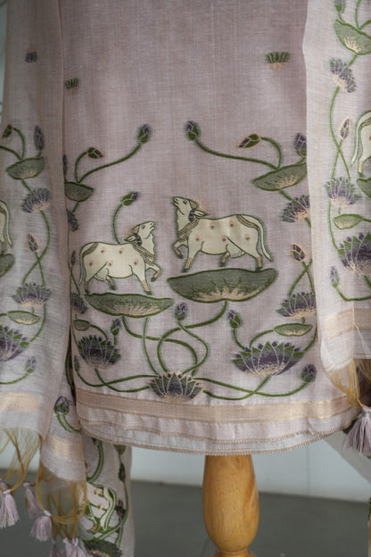 LILAC NOOR  - Pure Chanderi Slub Pichwai Unstitched Suit Set